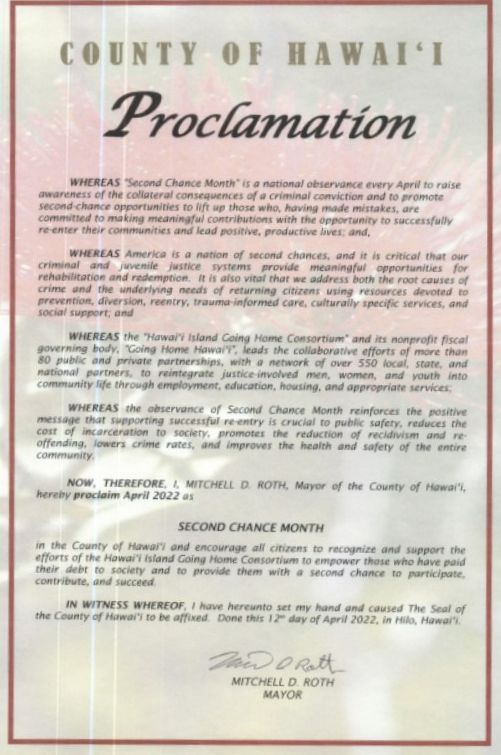 Image of the proclamation by Hawaii County Mayor Mitch Roth proclaiming April 2022 as Second Chance Month.