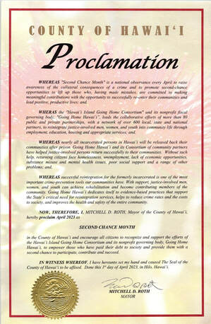 Image of the proclamation by Hawaii County Mayor Mitch Roth proclaiming April 2023 as Second Chance Month.