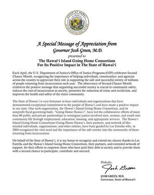 Image of the Special Message of Appreciation from Governor Josh Green, M.D., presented to the Hawai`i Island Going Home Consortium for its Positive Impact in the State of Hawai`i, with the state seal.