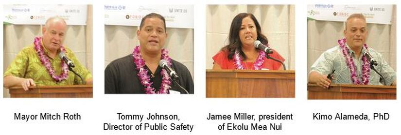 Photos of plenary speakers at the podium: Kimo Alameda, PhD, Jamee Miller, president of Ekolu Mea Nui, Tommy Johnson, Director of Public Safety, and Mayor Mitch Roth